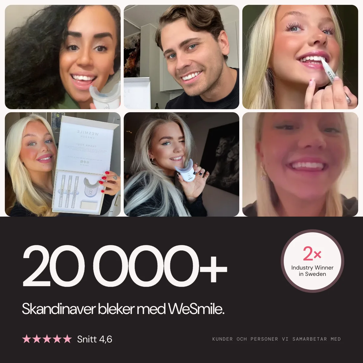 Över 20 000 skandinaver bleker tänderna med WeSmile. 4,6 i snitt av 123 omdömen. 2× Branschvinnare i Sverige